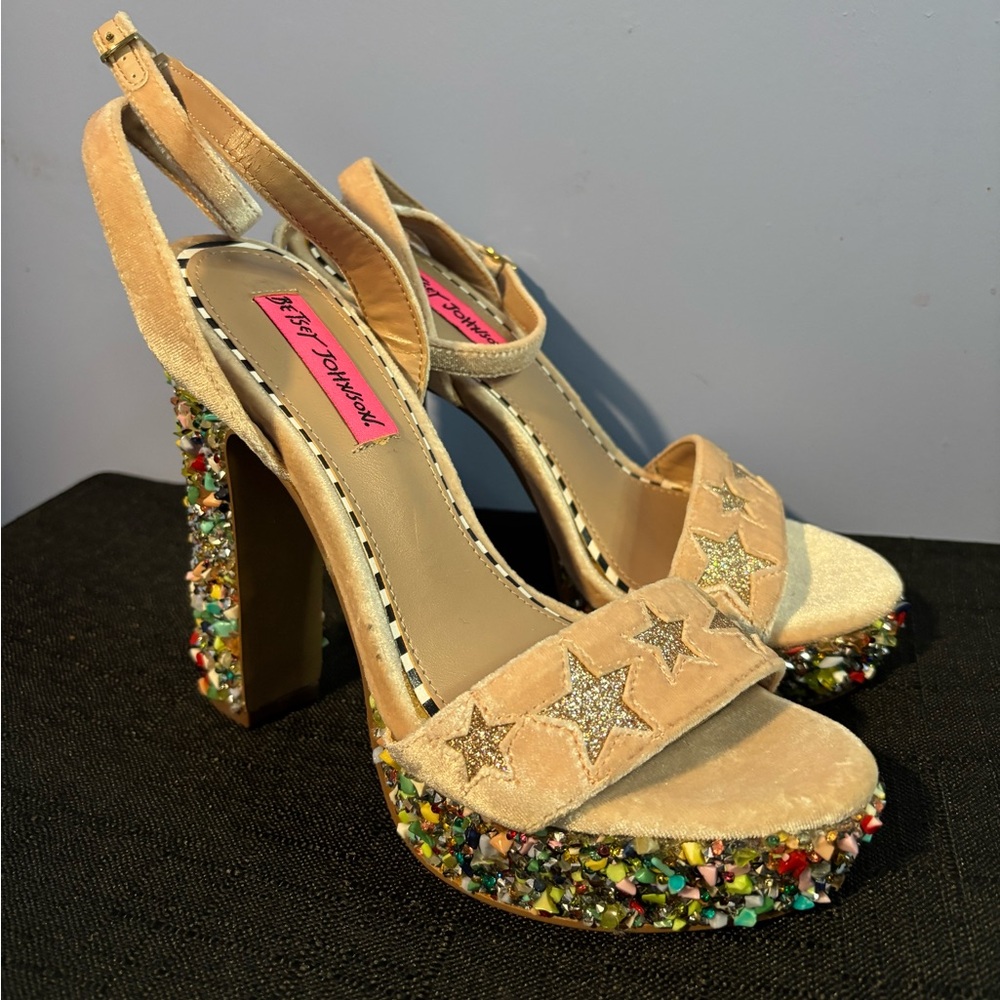 Betsy Johnson size 6 heels. Pink velvet with colorful rocks/gemsl